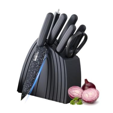 Imagem de Conjunto de blocos de facas, conjunto de 8 facas de cozinha com bloco, conjunto de facas de chef de aço inoxidável com revestimento antiferrugem, facas de cozinha ultra afiadas com tesoura, conjunto