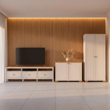 Imagem de Conjunto de Sala 3 Peças 1 Rack, 1 Estante e 1 Armário Madeira Maciça Ananda Cabecasa Madeiramadeira Off White/Mel