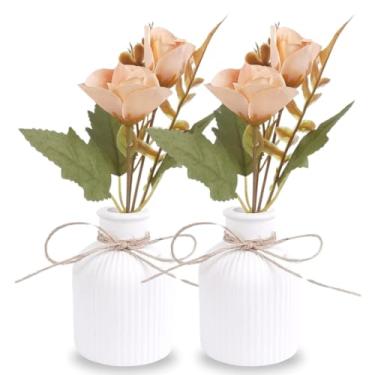 Imagem de Kit 2 Arranjos Com Vasos de Gesso Planta Artificial Decorativa(Rosa Salmão)