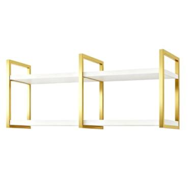 Imagem de Prateleira Nicho Suspensa Estilo Industrial 100cm Base de Ferro Tampo de Madeira Prateleira de Parede para Sala e Escritório(DOURADO/BRANCO)