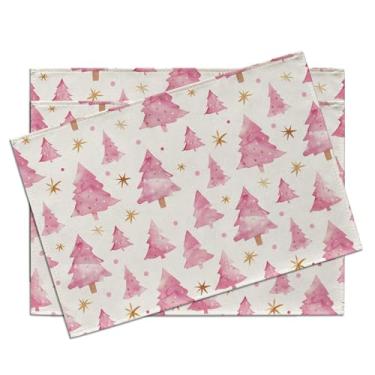 Imagem de Croar Conjunto de 4 jogos americanos para árvore de Natal rosa, pinheiros, estrelas douradas, decoração de mesa, decoração de mesa de inverno, bolinhas, decoração de cozinha, 30 x 45 cm