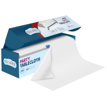 Imagem de Clearly Elegant Rolo de toalha de mesa de plástico branco com cortador, 132 x 2,999 cm, capa de mesa descartável extra grande, toalha de mesa de plástico descartável para festas, eventos e encontros