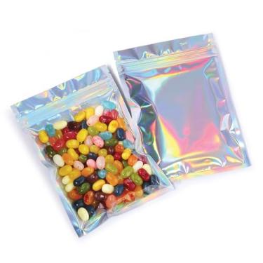 Imagem de Bolsas Mylar com zíper | 100 sacos | Holográfico de arco-íris | Sacos de vedação térmica seláveis para doces e embalagens de alimentos, medicamentos e vitaminas | Para líquidos e sólidos, Holograhic, 4.5" x 6.5"