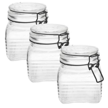 Imagem de 3 Potes De Vidro Hermético Quadrado Com Trava Preto 800Ml