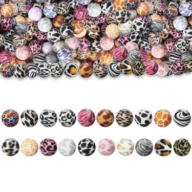 Imagem de 60 peças de contas de silicone leopardo 15 mm contas redondas de silicone a granel estampa de leopardo personagem contas focais de borracha DIY artesanato espaçador solto para canetas, chaveiro