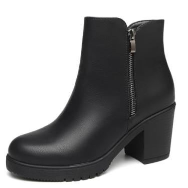 Imagem de TYNDALL Botas femininas de salto baixo plataforma salto grosso botas de cano curto para mulheres, Preto/poliuretano, 41