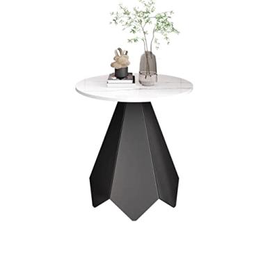 Imagem de Mesa de centro de design simples, mesa lateral redonda com topo de pedra sinterizada e base de metal, mesa de centro pequena de cabeceira moderna para sala de estar, quarto, pequeno espaço, mesa