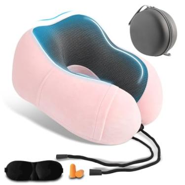 Imagem de Travesseiro de pescoço para viagens de avião, almofada de viagem de espuma viscoelástica para dormir com encosto de cabeça, vem com bolsa de armazenamento. Tampões de ouvido e máscara para os olhos