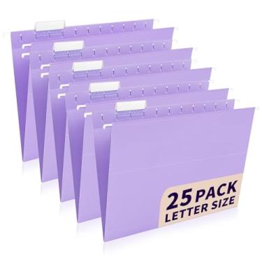 Imagem de Pacote com 25 pastas de arquivos suspensas roxas claras, tamanho carta, inclui 35 cartões de etiquetas transparentes e 50 etiquetas adesivas, abas cortadas em 1/5 para organização de casa e escritório
