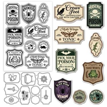 Imagem de GLOBLELAND Etiqueta de veneno mágico, carimbos transparentes e cortes de metal, sapo, mariposa, carimbo transparente, moldes de corte de esqueleto para fazer cartões de Halloween, gravação em relevo