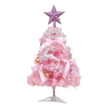 Imagem de Árvore de Natal com luzes LED, árvore de Natal de mesa de 43 cm, mini árvore de mesa com topo de estrela com glitter, pré-decorada com laços e ornamentos, decoração de férias interna ou externa (rosa)