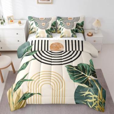 Imagem de Erosebridal Conjunto de edredom boêmio de meados do século, 7 peças, solteiro, arte abstrata, simples, minimalista, tropical, folhas de palmeira, cama em uma bolsa, estilo boêmio moderno, colcha com