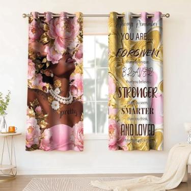 Imagem de HIYSMT Cortinas femininas negras afro-americanas para meninas negras 10,870 cm Linda flor rosa ouro engraçado citações inspiradoras drapeadas para quarto de senhora sala de estar 2 painéis HI056YL