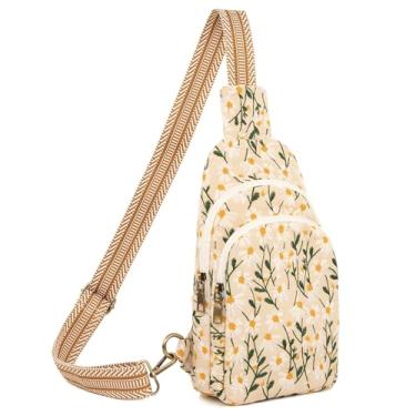 Imagem de SILKAREA Bolsa tiracolo de lona para mulheres, bolsa tiracolo pequena, mochila de viagem, caminhada, mochila para o peito (camomila bordada)