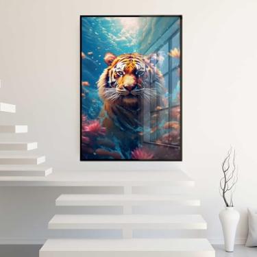 Imagem de Quadro Decorativo com Moldura e Acrilico Cristal Vidro Tigre Mar AI Sala Quarto Hall