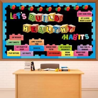 Imagem de Conjunto de quadro de avisos de blocos de construção Vamos construir hábitos saudáveis, decorações de sala de aula, tema de volta às aulas, tijolos de brinquedo, recortes de papel, bordas para escolas