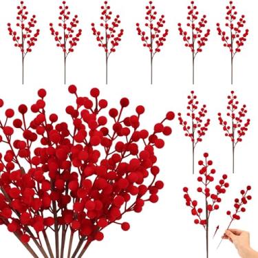 Imagem de Enfeites de caule de baga de Natal, ramos de baga de azevinho de veludo vermelho, 8 hastes grandes/32 hastes pequenas, galhos artificiais removíveis para decoração de árvore de Natal, decoração de