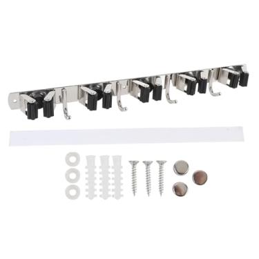 Imagem de Suporte para esfregão e vassoura, montagem na parede, aço inoxidável 304, 5 espaços, 4 ganchos, cabide de vassoura para garagem, lavanderia, armário, parede