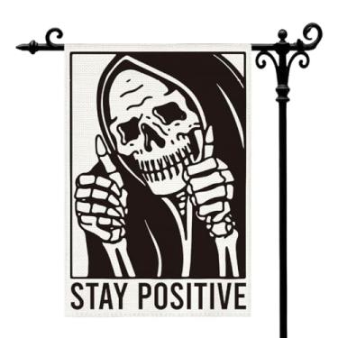 Imagem de Stay Positive Skeleton Skull Halloween Garden Flag For Outside Halloween Yard Durable Flags Dupla Face Funny Yard Outdoor Decorative Flags For Seasonal Holiday Decor 12x18 polegadas (A461)