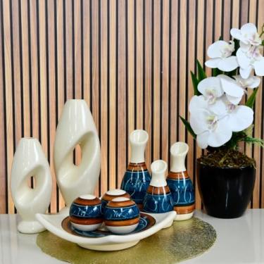 Imagem de Kit 9 Jarros Decorados Trio Vaso Ceramica Enfeite Centro Mesa Sala Enfeite Casa Rack Aparador Nicho Jarros Decorativos Para Sala(AZUL ESCURO DS 9PÇS)