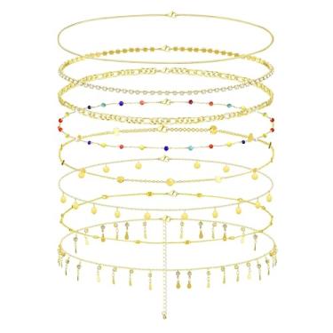 Imagem de 8 peças de correntes de cintura banhadas a ouro para mulheres, correntes de praia, biquíni, corrente de barriga, joias de verão, ajustáveis