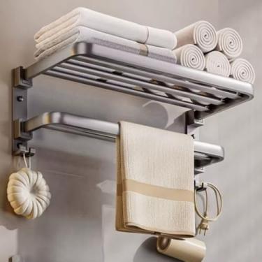 Imagem de Toalheiro Duplo Retrátil de Parede em Alumínio Premium – Suporte com Prateleira Dobrável e Ganchos, Resistente à Ferrugem, Ideal para Banheiro Moderno e Organizado