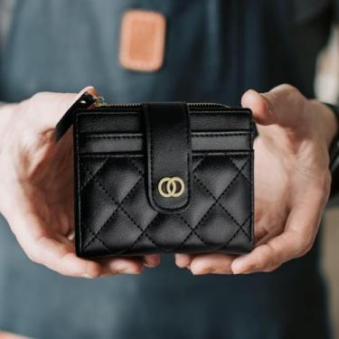 Imagem de Carteira fina e acolchoada pequena para mulheres, porta-moedas de couro, porta-cartões de crédito, Preto, Bolsa casual para moedas