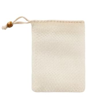 Imagem de Bolsa de sabão de malha esfoliante – Bolsa de nylon com cordão para banho de banho, 14 cm C x 9 cm L, bege