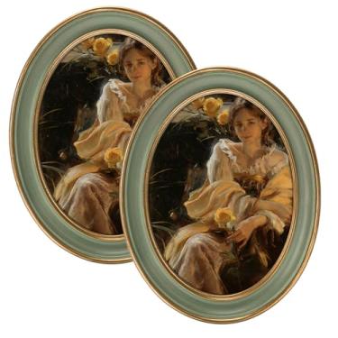 Imagem de eletecpro Conjunto de 2 porta-retratos vintage 12 x 18 cm com capa de vidro real, moldura oval ornamentada, tela de 12 x 18 cm para pendurar na mesa ou na parede, decoração de casa verde para galeria