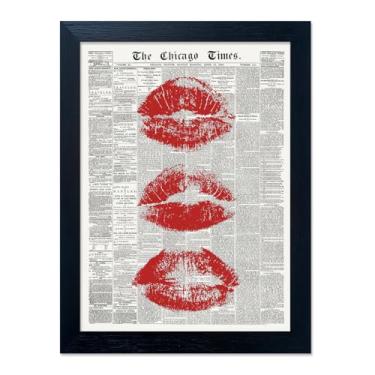 Imagem de Estética Emoldurada Decoração de Quarto de Meninas Vermelho Kss Lábios Jornais Arte de Parede Vintage Retrô Impressão em Tela Pôster Feminino Arte de Parede Decoração de Quarto Feminino