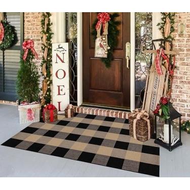 Imagem de Capacho em camadas cáqui e preto 70 x 109 cm xadrez búfalo xadrez xadrez tapete de varanda de algodão lavável tapete de camada para porta de boas-vindas tapete entrada sala de jantar quarto sala de