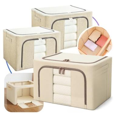 Imagem de Caixa Organizadora de Roupas 66L com Zíper Reforçado Antimofo Dobrável Multiuso para Edredom, Brinquedos e Guarda-Roupa(3 Peças Creme)