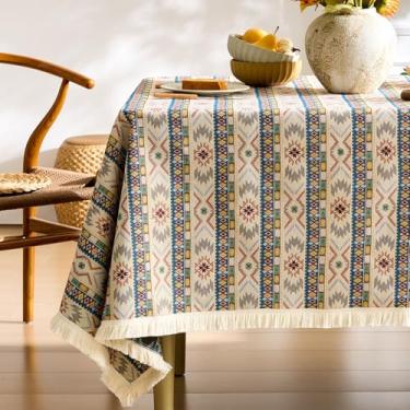 Imagem de Toalha de mesa boho, retangular, boêmia, geométrica, vintage, com borla, toalha de mesa bordada francesa rústica para cozinha, sala de jantar, 139 x 213 cm
