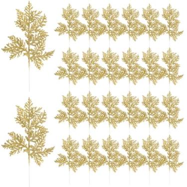 Imagem de DIYASY Palhetas de árvore de Natal, 28 cm com glitter, galhos artificiais, agulhas de pinheiro, folhas de samambaia, ornamentos florais de galhos para árvore de Natal, guirlanda de férias, decorações de casa (dourado)