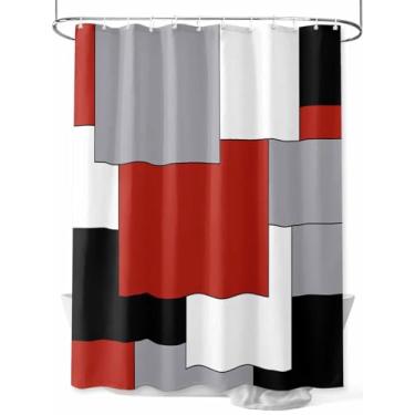 Imagem de Cortina de chuveiro geométrica abstrata, vermelha, preta, cinza, impermeável, lavável, conjunto de cortinas de banheiro para decoração de banheiro, 91 x 182 cm de comprimento,
