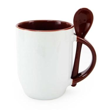 Imagem de Caneca para Bebidas Quentes com Colher (Base Curva) 325 ml a Colher Não Cai Da Caneca. (marrom)