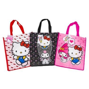 Imagem de Fast Forward Sacolas de compras reutilizáveis Hello Kitty, personagens Kuromi e My Melody, 40,6 cm, rosa, preto, branco, pacote com 3