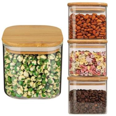 Imagem de Kit 4 Potes Herméticos Quadrado Vidro Tampa De Bambú 500ML - VALE IMPO