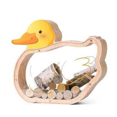 Imagem de Uniwooder Cofrinho de madeira para crianças, cofrinho de pato com painéis de acrílico, caixa de dinheiro infantil indestrutível para meninos e meninas, caixa de moedas para crianças DIY com adesivo de
