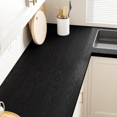 Imagem de FANCYEASY Papel de parede preto de 39.9 cm x 299.7 cm papel de parede de contato de madeira para bancadas impermeável grão de madeira texturizado papel de parede autoadesivo removível envoltório de