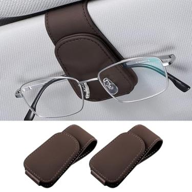 Imagem de Couslcd 2 peças de suportes de óculos de sol para viseira de sol de carro, suporte de óculos de couro, suporte magnético para óculos e clipe de cartão de bilhete, acessórios interiores automotivos