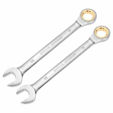 Imagem de HARFINGTON 2 peças chave de catraca de 32 mm métrico 12 pontos CR-V aço cromado alongamento caixa dupla chave catraca de extremidade aberta com 72 dentes e chave inglesa de 5° para reparo