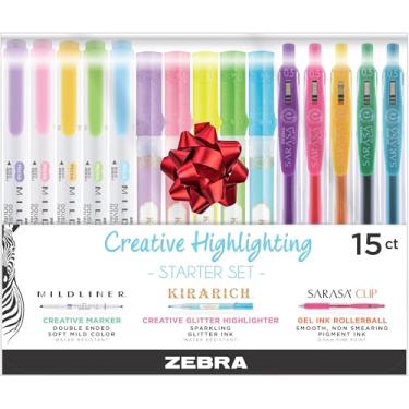 Imagem de Zebra Pen Conjunto de 15 unidades para iniciantes com destaque criativo, inclui 5 marcadores Kirarich, 5 marcadores criativos Mildliner e 5 canetas de gel retráteis Sarasa Clip, cores sortidas (76015)