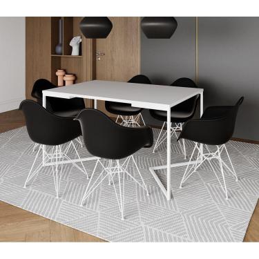 Imagem de Mesa Industrial Jantar Branca 137X90Cm Base V Com 6 Poltronas Pretas Ferro Branco Branco