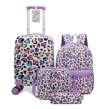 Imagem de Inprof Mala infantil com rodas giratórias, 5 peças, mala de mão para meninas, mochila com lancheira, estojo de lápis, conjunto de malas infantis de 41 cm, caibaowen, Medium