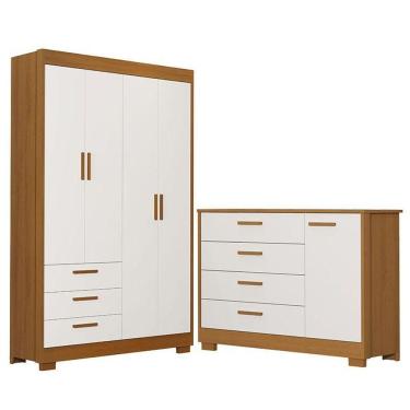 Imagem de Cômoda Com Porta E Guarda Roupa 4 Portas Infantil Zaki Branco Acetinado Savana - Reller