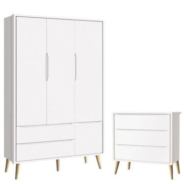 Imagem de Cômoda Gaveteiro Infantil E Guarda Roupa 3 Portas Theo Branco Acetinado Pés Madeira Natural ? Reller
