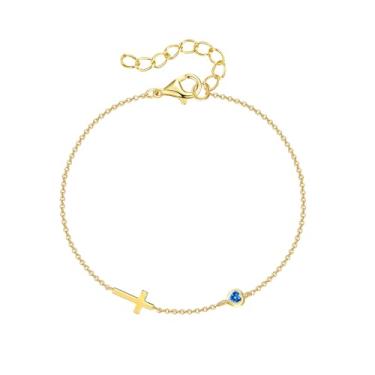 Imagem de Pulseira de cruz de presente de Natal para mulheres, pulseira de cruz de ouro 14K com pedra do mês de nascimento, fé religiosa, batismo, presentes para ela, presente de aniversário, joias cristãs