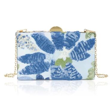 Imagem de Bolsa clutch bordada de lantejoulas para mulheres, elegante bolsa de noite com contas florais, bolsa de convidada de casamento, bolsa de ombro de festa brilhante, Azul