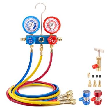 Imagem de Rogvoc Conjunto de medidores de coletor HVAC para refrigerante R22/R410a/R134a, conjunto de mini calibres de refrigerante CA de 3 vias com válvulas de segurança R22 R410a, mangueiras de 1,8 m